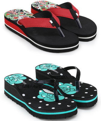 Feens Women Stylish Comfortable Trending Light Weight Printed Super Soft Flipflop Combo of 2 Slippers(Red, Green , 6)