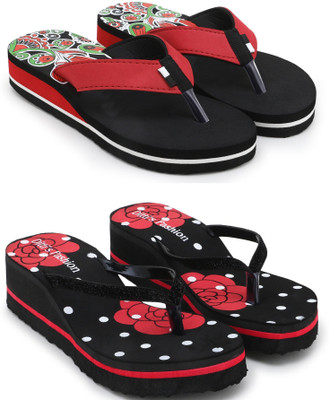 Feens Women Stylish Comfortable Trending Light Weight Printed Super Soft Flipflop Combo of 2 Slippers(Red , 6)