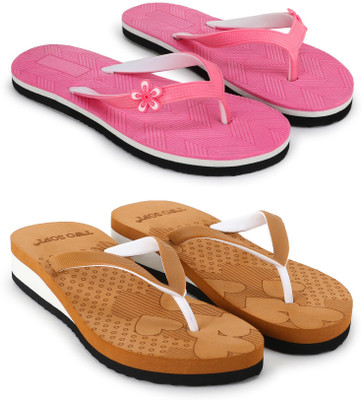 TWO SOFT Women Combo Pack Of 2 Stylish Casual Light & Soft Comfortable Daily Wear Slippers(Tan, Pink , 6)