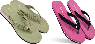 DASHNY Women Flip Flops(Pink, Green , 3)