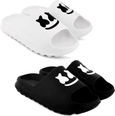 Fuliva Men Slides(White, Black , 9)