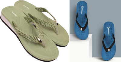 DASHNY Women Flip Flops(Blue, Green , 4)