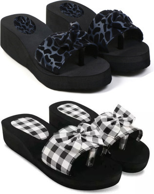 Skytrap Women Stylish Comfortable and Trending Checkered Flip Flops Slide Combo of 2 Slippers(Blue, Black , 5)