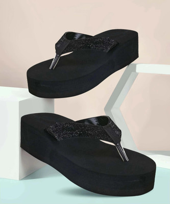 ASHUMAN Women Slippers(Black , 6)