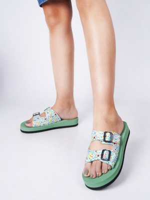 Rasambh Women Comfortable Stylish and Trending Colorful Printed Flip Flops Slides(Green , 6)