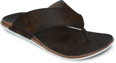 STEPFOX Men Faux Leather V-Shape Toe Loop Design with Cushioned Comfort Footbed Slippers(Brown , 6)