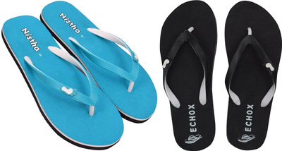 NISTHA Women Flip Flops(Black, Blue , 7)
