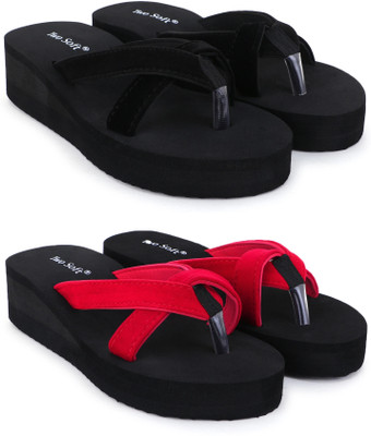 TWO SOFT Women Combo Pack Of 2 Stylish Casual Light & Soft Comfortable Daily Wear Flip Flops(Black, Red , 6)