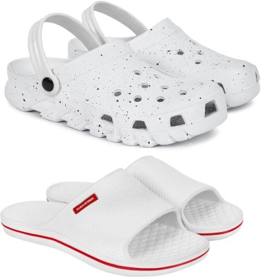 Monoction Men Combo pack of 2 pair walking homewear rain clogs and slides for men Slides(White, Black, Grey 9)