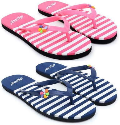 Skytrap Women Stylish Comfortable and Trending Hawai Flip Flops Combo of 2 Slippers(Pink, Blue , 4)