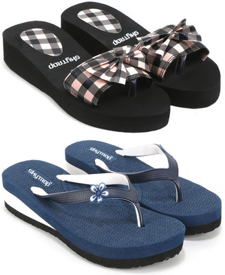Skytrap Women Stylish Comfortable and Trending Colorful Flip Flops Slide Combo of 2 Slippers(Blue, Black , 7)