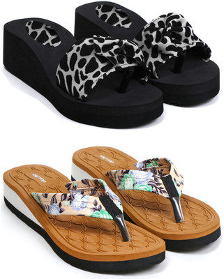 HOC Women Slippers(Black, Brown , 8)