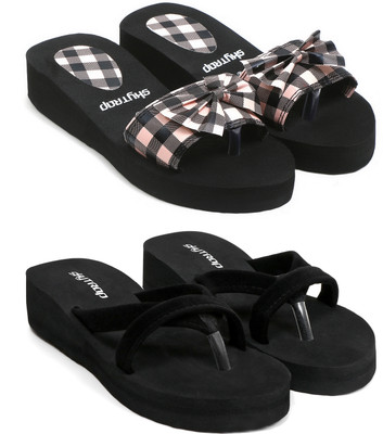 Skytrap Women Stylish Comfortable and Trending Cross Strap Flip Flop Combo of 2 Slippers(Pink, Black , 4)