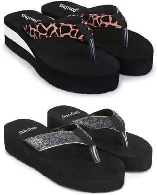 Skytrap Women Stylish Comfortable and Trending Medium Heel Flip Flops Combo of 2 Slippers(Brown, Grey , 4)