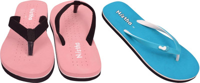 NISTHA Women Flip Flops(Blue, Orange , 8)