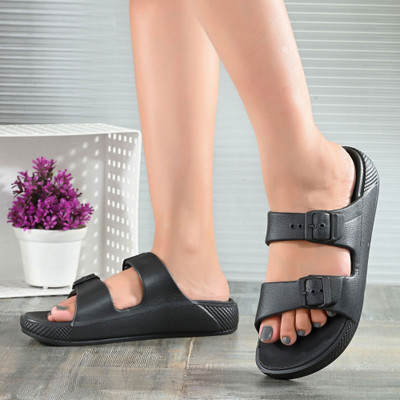 Footup Women Newly Launch Stylish | Cushioned | Comfortable | Breathable | Adjustable Strap Slippers(Black , 3)