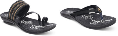 hiyaga Women Flip Flops(Black, Black , 6)
