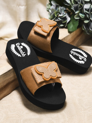 Rasambh Women Comfortable Stylish and Trending Colorful Printed Flip Flops sliders For Slides(Tan, Black , 5)