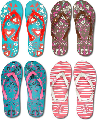 Flipperz Women Womens Comfort Stylish colorful Printed Flip Flops combo (Pack Of 4 pairs) Slippers(Multicolor , 7)