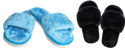 rexizone Women Flip Flops(Black, Blue , 5)