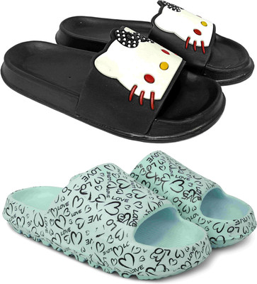 KAPYANSH Women Women Classic Trendy Flipflops, Slipper, Sliders, Chappal Combo Pack of 2 Slides(Black, Green , 5)
