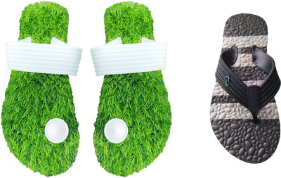 skyflip Men Slides(Grey, White, Green , 8)