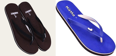 DASHNY Women Flip Flops(Brown, Blue , 4)