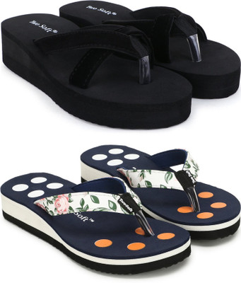 TWO SOFT Women Combo Pack Of 2 Women Slipper Stylish Casual Light & Soft Comfortable Daily Wear Flip Flops(Black, Blue , 7)