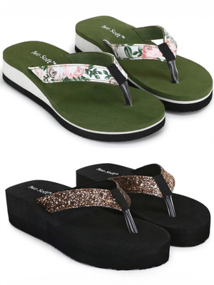 TWO SOFT Women Combo Pack Of 2 Stylish Casual Light & Soft Comfortable Daily Wear Slippers(Green, Copper , 6)