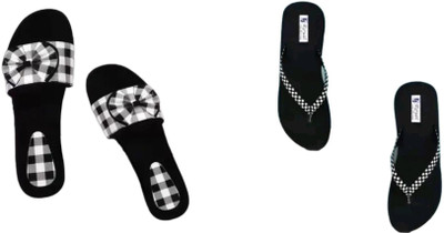 BOOMBEAUTY Women Flip Flops(Black, White , 3)