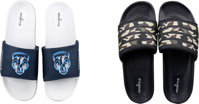 KICKSTYLE Men Slides(Black, White , 9)