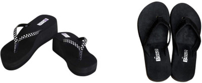 BOOMBEAUTY Women Flip Flops(Black, White , 7)
