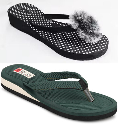 kishu Women Flip Flops(Black, Green , 6)
