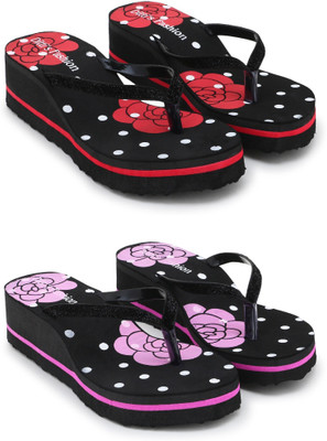 Feens Women Slippers(Black, Purple , 6)