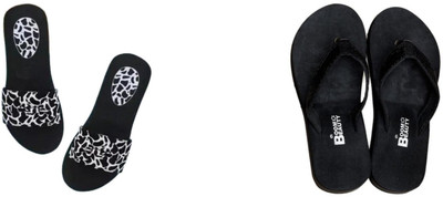 BOOMBEAUTY Women Slides(Black, White , 5)