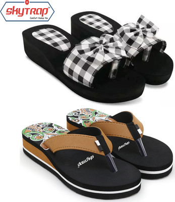 Skytrap Women Slippers(Black, Brown , 6)