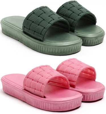 Tellinn Women Slides(Green, Pink , 8)