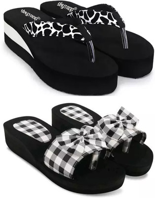 Skytrap Women Stylish Comfortable and Trending Checkered Flip Flops Slide Combo of 2 Slippers(White, Black , 8)