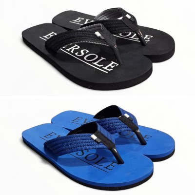 EVERSOLE Men Flip Flops(Black, Blue , 9)