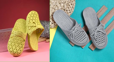 Brofoot Women Flip Flops(Grey, Yellow , 9)