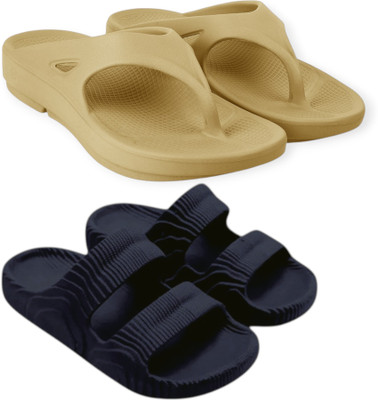 Feel alive Men Slippers(Beige, Blue , 7)