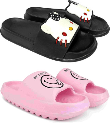 KAPYANSH Women Women Classic Trendy Flipflops, Slipper, Sliders, Chappal Combo Pack of 2 Slides(Black, Pink , 7)