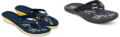 hiyaga Women Flip Flops(Black, Blue , 7)