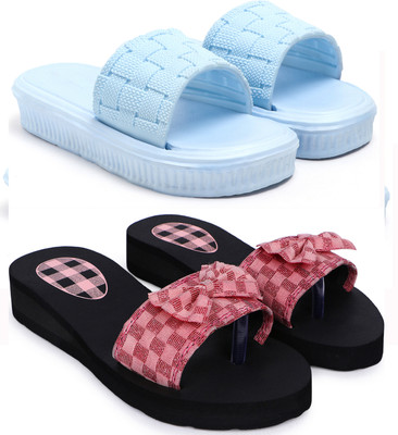 Feens Women Flip Flops(Blue, Pink , 8)