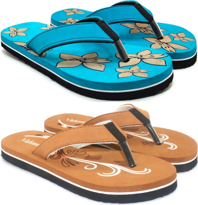 VAHMAH Women Slippers(Blue, Tan , 5)