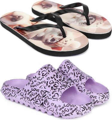 KAPYANSH Men Women Classic, Lightweight, Flipflops, Slipper, Slides, Chappal,Pack of 2 Slides(Yellow, Purple , 8)