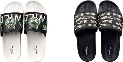 KICKSTYLE Men Slides(Black, White , 6)
