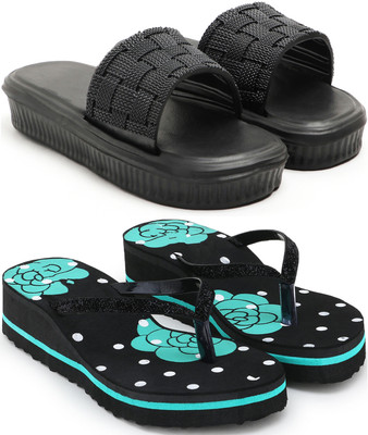 Dewon Women Slides(Black, Green , 8)