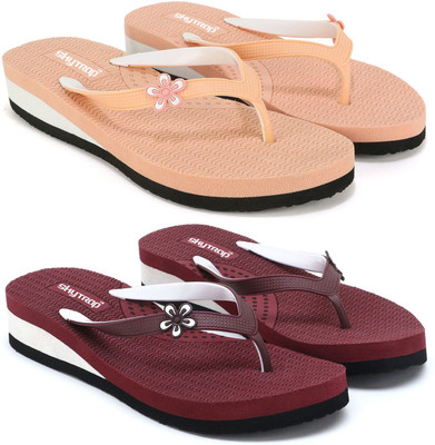 Skytrap Women Stylish Comfortable and Trending Colorful Laser Flip Flops Slippers(Pink, Maroon , 7)