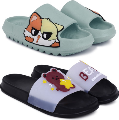 Kapani Fashion Women Women Combo Pack of 2 Lightweight Flipflops, Slipper, Slides (Green, Black , 6) Slides(Green, Black , 6)